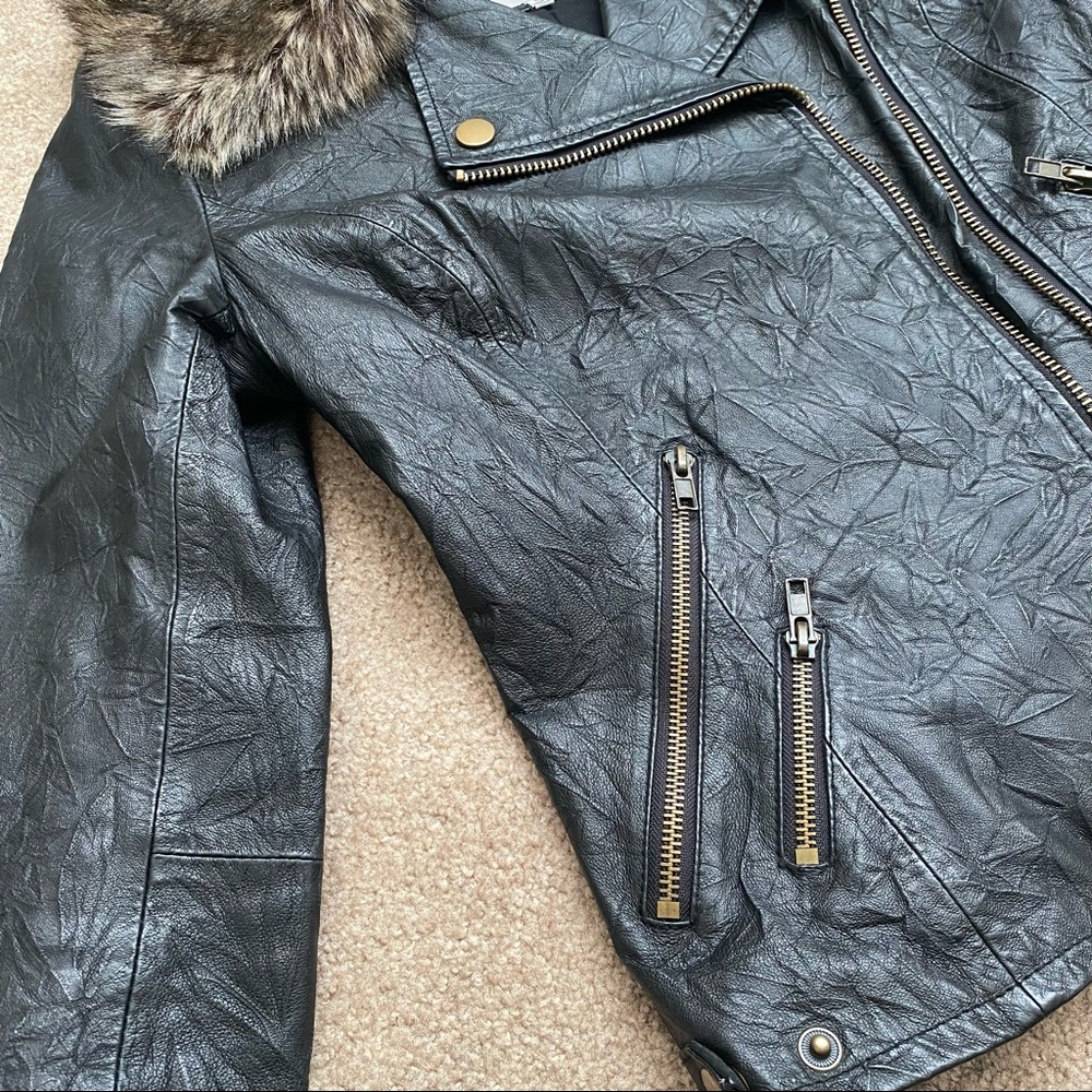 BB Dakota Black Leather Moto Jacket Faux Fur Collar Medium - Picture 10 of 14